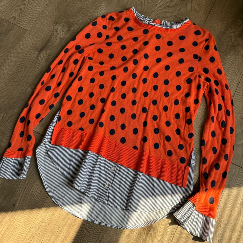 Crown & Ivy Orange & Navy Polka Dot Striped Hem Two Fer Sweater Size Medium - Picture 4 of 6